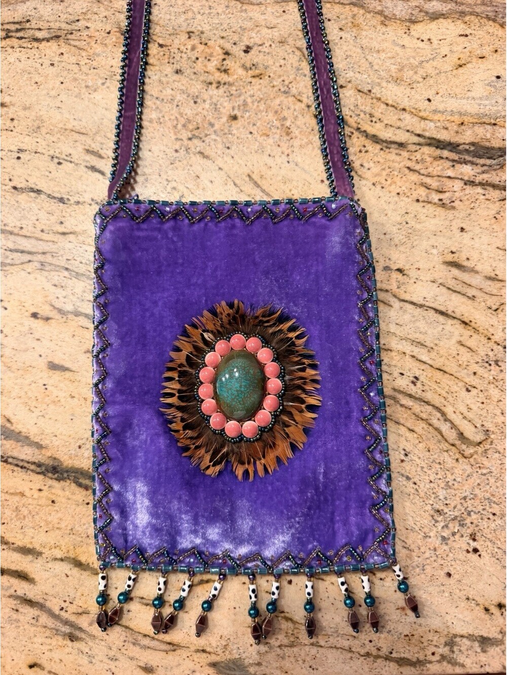 Purple Velvet Feather Small Beaded Crossbody Purse Amulet Native Medicine Bag